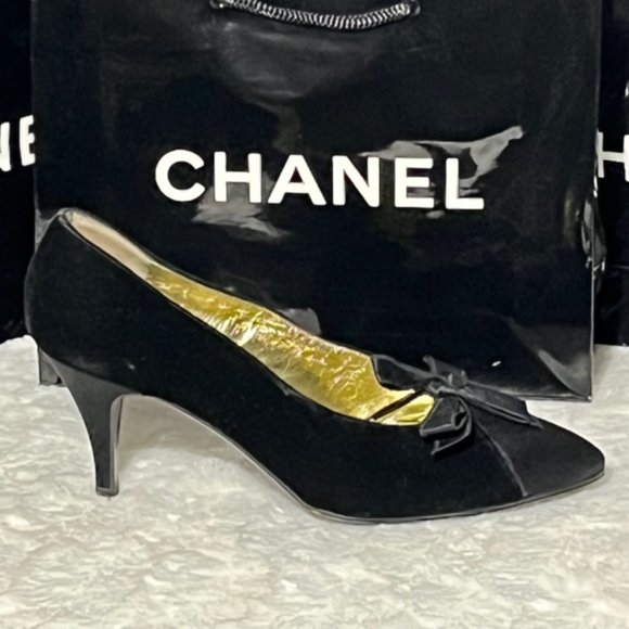 Vintage CHANEL Black Velvet Pumps With Satin Trim And Removable Bow Size EU 37.5 - Picture 5 of 15